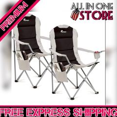 Padded Camping Chairs - Set of 2 Deluxe Folding Chairs with Cup Holder and Side Pockets, Holds up to 120kg - Lightweight 3.3kg per Chair - Black & Grey (FREE POSTAGE)