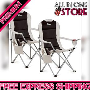 Padded Camping Chairs - Set of 2 Deluxe Folding Chairs with Cup Holder and Side Pockets, Holds up to 120kg - Lightweight 3.3kg per Chair - Black & Grey (FREE POSTAGE)