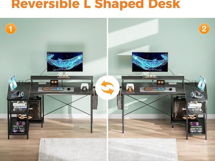 L Shaped Gaming Desk with LED Lights 120 x 80 cm Computer Power Outlet Reversible Corner Table Storage Shelves Monitor Stand Black
