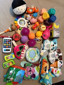 baby toy selection sensory balls, phones, teddies, soft books
