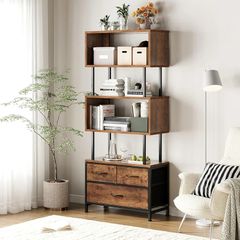Shelves, Book Shelf with 5 Shelves, Bookcase with 3 Fabric Drawers, Shelf Unit Suitable for Bedroom, Office, Living Room, Kitchen, 60 x 24 x 155cm, Vintage Colours