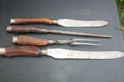 Harrison Bros &amp; Howson Sheffield Stag/Horn/Antler Handle Sterling Silver Capped &amp; Ferruled 4 Piece Carving Set  1884