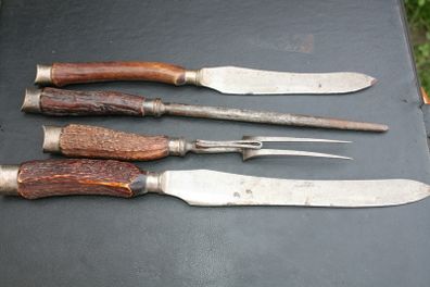 Harrison Bros & Howson Sheffield Stag/Horn/Antler Handle Sterling Silver Capped & Ferruled 4 Piece Carving Set  1884