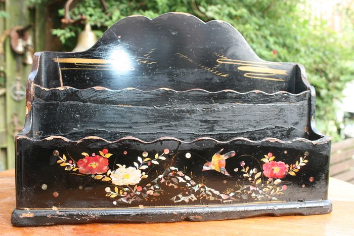 Antique Hand Painted Papier Victorian Mail Holder  Art 12" X 8"