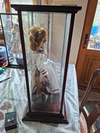 Collector's Porcelain Doll, In A very Large Mahogany Display Case, PRICE IS FOR 1 ONLY these came from a Pub contents,