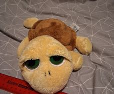 Turtle soft toy with large green eyes