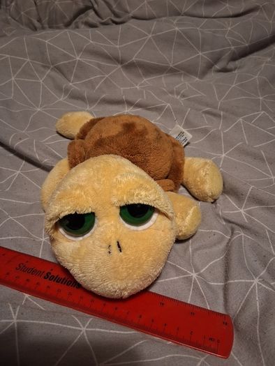 Turtle soft toy with large green eyes