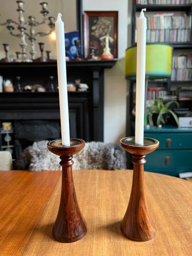 Pair of mixed wood with metal insert candlestick holders