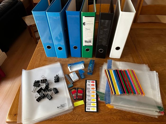 Lot stationery office school supplies - lever arch folders, plastic pockets, coloured pencils, stapler