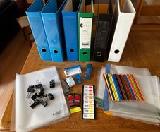 Lot stationery office school supplies - lever arch folders, plastic pockets, coloured pencils, stapler