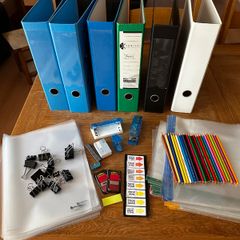 Lot stationery office school supplies - lever arch folders, plastic pockets, coloured pencils, stapler