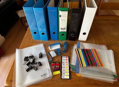 Lot stationery office school supplies - lever arch folders, plastic pockets, coloured pencils, stapler