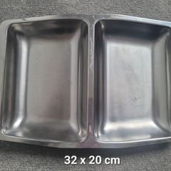 Vintage stainless steel serving tray with wooden handles