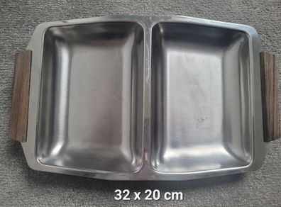 Vintage stainless steel serving tray with wooden handles