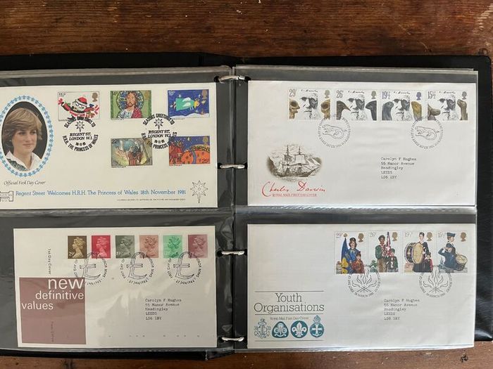 Collection of  81 UK First Day Cover stamps 1980 to 1986 in album plus 10 extra pages