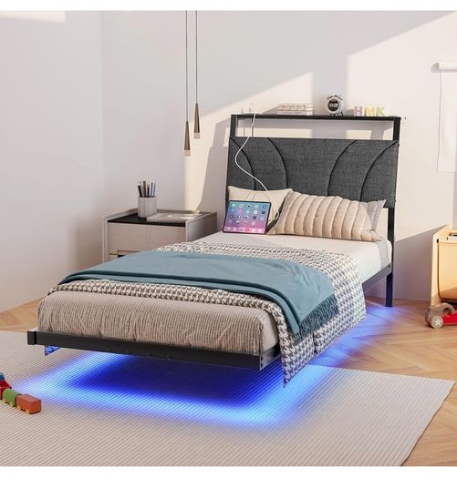 Single with LED Lights,Ergonomic Headboard with USB Charging,Bed Frames Noise-Free Metal Slats,Black