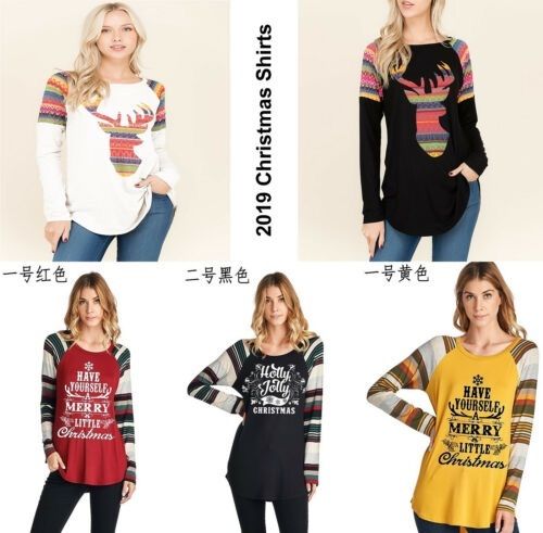 Ladies Women Christmas T Shirt Top Long Sleeve Merry Little Reindeer Holly Jolly