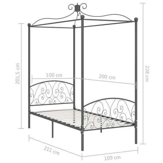 Canopy Bed Frame Grey Metal 100x200 cm