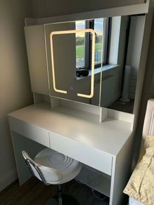 White LED Dressing Table with 3-Way Mirror with Swivel Chair