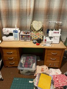 Complete sewing studio/at home business- machines, workstation fabrics and accessories