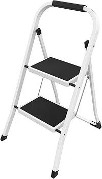 2 Step Ladder Folding Ladder, Portable With Anti-Slip Mat & Comfortable Soft Handgrip, Heavy Duty Steel - Easy to Store Ladders, 150KG Max Capacity (2 white) (SVSL04V1)
