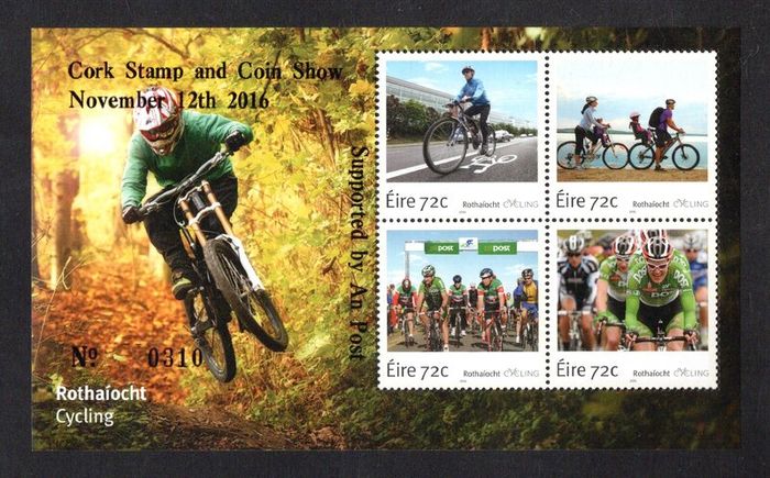 2016 Ireland Cork Stamp and Coin Exhibition 12th November 2016 Exhibition Miniature Sheet on Cycling Commemorative Stamp Miniature Sheet Mint Never Hinged (MNH) No 310