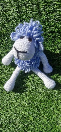 Handmade Crochet Lamb Plushie - Blue & White, 26cm