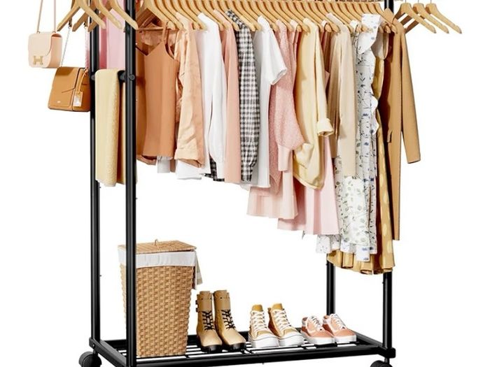 Double Rod Clothes Rack with Fixed Extension Rod & Universal Wheels, Clothing Rail with Built-In Shelf for Closet Organizers and Storage, 98cm x 42cm x 150cm, Black