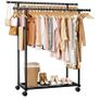 Double Rod Clothes Rack with Fixed Extension Rod & Universal Wheels, Clothing Rail with Built-In Shelf for Closet Organizers and Storage, 98cm x 42cm x 150cm, Black Image 3