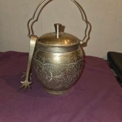 Antique silver plate sugar bowl with tongs