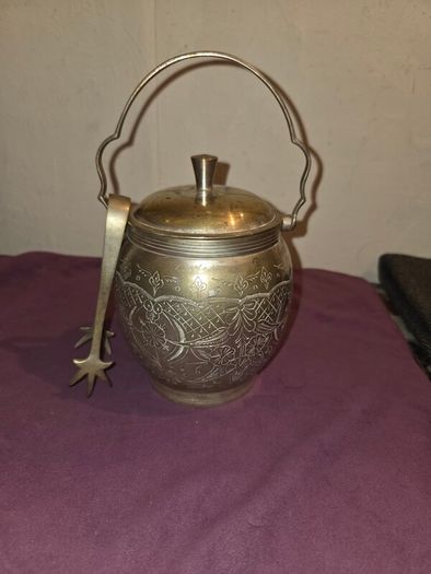 Antique silver plate sugar bowl with tongs