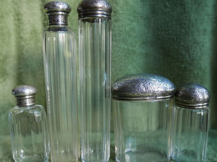 Antique Edwardian 1800s Set 5 Sterling Silver Cut Glass Vanity Pin Bottles Jars