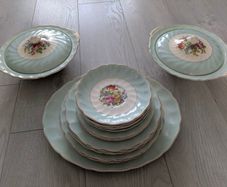 Elegant Vintage Johnson Bros Dinner Set  Pastel Green Floral  Serving Pieces Included