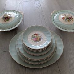 Elegant Vintage Johnson Bros Dinner Set  Pastel Green Floral  Serving Pieces Included
