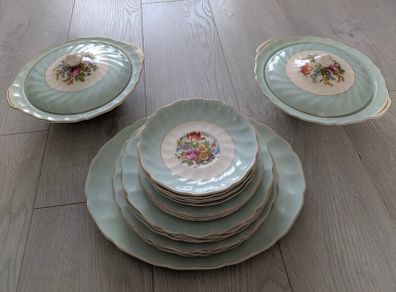 Elegant Vintage Johnson Bros Dinner Set  Pastel Green Floral  Serving Pieces Included