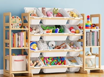 Toy Storage Organizer with 6 Shelves and 12 Bins, Bookshelf/Bookcase, Kids Bin Shelf, Toys Box for Playroom Organization for Bedroom & Room Decor, White, 52.3 W