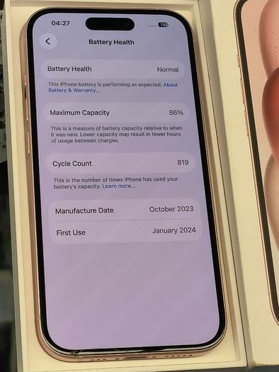 Apple iPhone 15 128GB Unlocked Pink with Box (LCD Has a Small Crack) , Its Original Battery Health: 86%