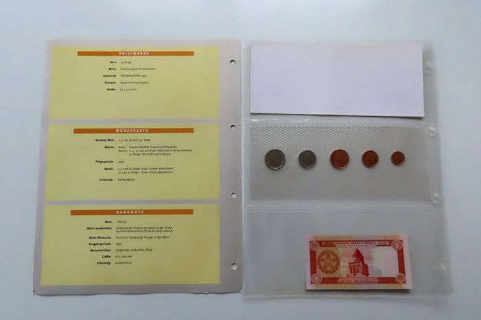 Turkmenistan Banknote + Coins + Stamp collector set vintage currency