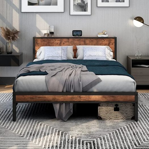 King Size Bed Frame with Storage Wooden Headboard, Metal Bed Frame Kingsize Bed Base/Mattress Foundation, Enhanced Support Noise Free, Textured Black+Brown Oak