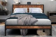 King Size Bed Frame with Storage Wooden Headboard, Metal Bed Frame Kingsize Bed Base/Mattress Foundation, Enhanced Support Noise Free, Textured Black+Brown Oak