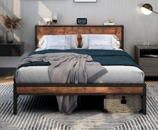 King Size Bed Frame with Storage Wooden Headboard, Metal Bed Frame Kingsize Bed Base/Mattress Foundation, Enhanced Support Noise Free, Textured Black+Brown Oak
