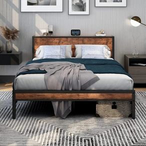 King Size Bed Frame with Storage Wooden Headboard, Metal Bed Frame Kingsize Bed Base/Mattress Foundation, Enhanced Support Noise Free, Textured Black+Brown Oak
