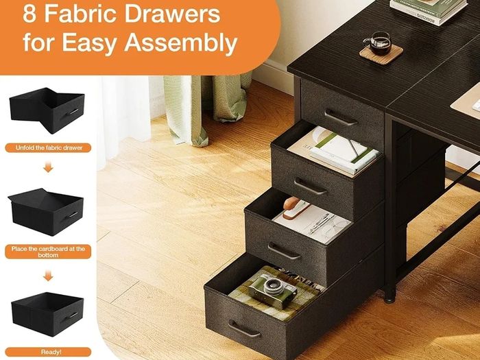 Computer Desk with 8 Fabric Drawers, Office Desk with Storage 120 x 48 cm Black Home Office Desk, PC Study Desk for Bedroom and Living Room Compact Work Table with More Storage Space