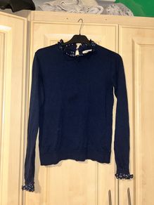 Navy blue garcia sweater/jumper with floral trim