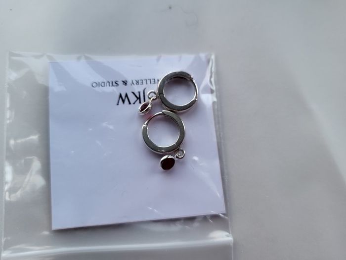 Sterling silver mini hoops with birthstone dark red crystal NEW