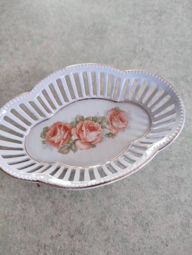 SET OF 2 Bavaria Schumann reticulated tray or dish hand painted floral pattern perfect dresser dish