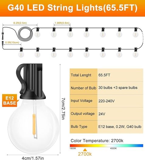 String Lights 65.5ft Garden Festoon Light Mains Powered with 30+3 Shatterproof G40 LED Bulbs, Waterproof Hanging Patio Lighting for Indoor Outside Gazebo Pergola Backyard Balcony Cafe Party