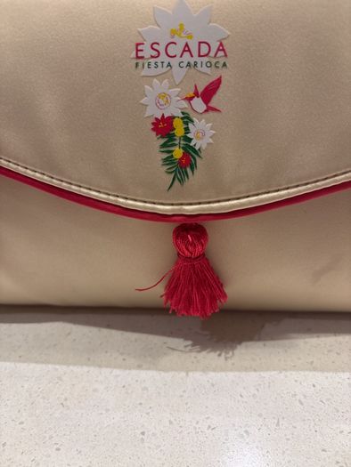 Escada Fiesta Carioca Ivory Satin like fabric with Rose Pink Trim Toiletry, Make Up - Clutch Bag