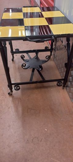 1960 wrought Iron French Brutalist style table nice solid on wheels Very Nice