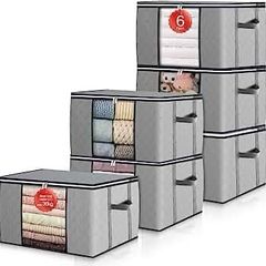 Large Capacity Clothes Storage Bags 6 Pack, Storage Boxes With Lids, Reinforced Handle Moving Boxes, Storage Box, Wardrobe Organiser for Duvet Bedding Clothing, Bedroom Underbed Storage